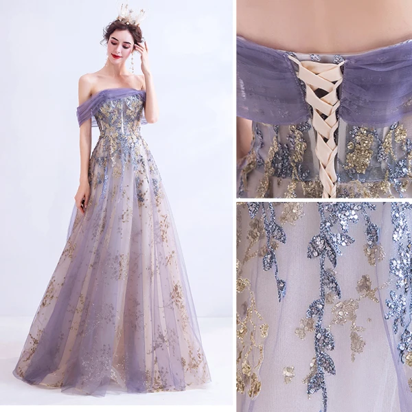 Charming Purple Prom Dresses 2020 A-Line / Princess Off-The-Shoulder Lace Flower Glitter Sequins Sleeveless Backless Floor-Length / Long Formal Dresses