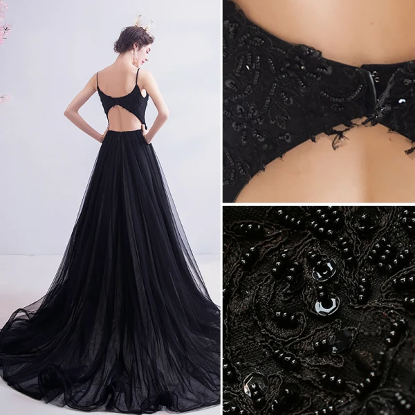 Chic / Belle Noire Robe De Bal 2020 Princesse Bretelles Spaghetti Perlage En Dentelle Fleur Sans Manches Dos Nu Train De Balayage Robe De Ceremonie