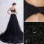 Chic / Belle Noire Robe De Bal 2020 Princesse Bretelles Spaghetti Perlage En Dentelle Fleur Sans Manches Dos Nu Train De Balayage Robe De Ceremonie