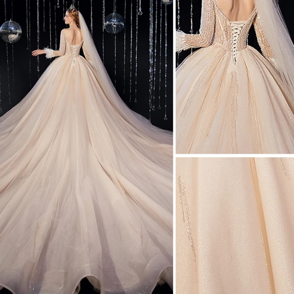 Luxury / Gorgeous Champagne Wedding Dresses 2020 Ball Gown Scoop Neck Beading Crystal Glitter Sequins Long Sleeve Backless Royal Train