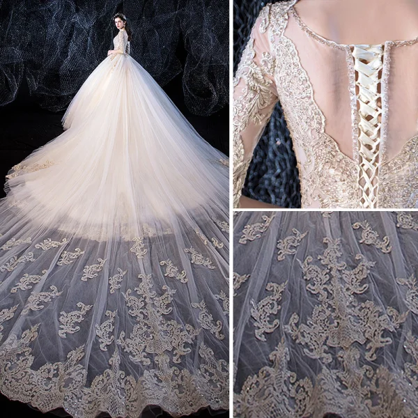 Luxe Champagne Robe De Mariée 2020 Robe Boule V-Cou Perlage Paillettes En Dentelle Fleur 1/2 Manches Dos Nu Royal Train