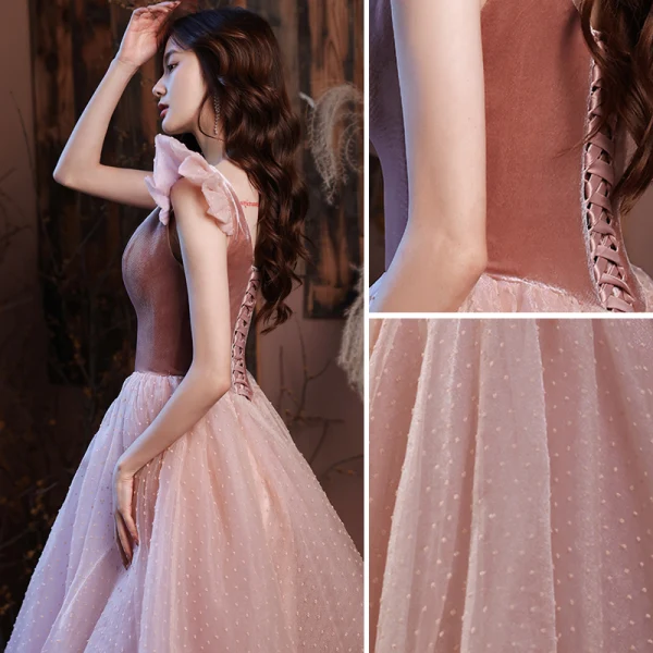 Vintage / Retro Suede Dusky Pink Prom Dresses 2021 A-Line / Princess Sleeveless Backless Square Neckline Tea-length Prom Formal Dresses