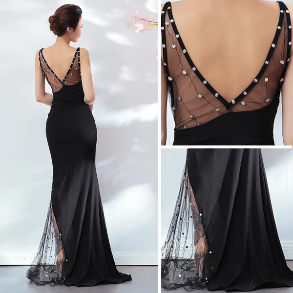 Sexy Noire Robe De Soirée 2018 Trompette / Sirène Paillettes Bretelles Spaghetti Dos Nu Sans Manches Longue Robe De Ceremonie