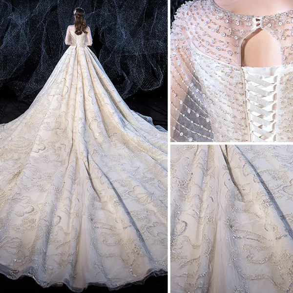 Luxe Champagne Robe De Mariée 2020 Princesse Encolure Dégagée Fait main Perlage Perle Paillettes En Dentelle Fleur Manches Courtes Dos Nu Royal Train
