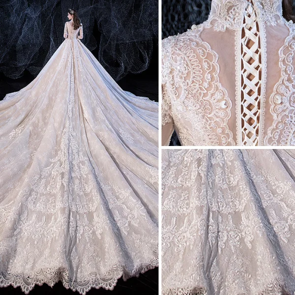 Luxury / Gorgeous Champagne Wedding Dresses 2020 A-Line / Princess V-Neck Beading Sequins Lace Flower 3/4 Sleeve Royal Train