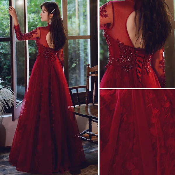 Elegant Burgundy Evening Dresses  2020 A-Line / Princess V-Neck Beading Sequins Lace Flower Long Sleeve Backless Floor-Length / Long Formal Dresses