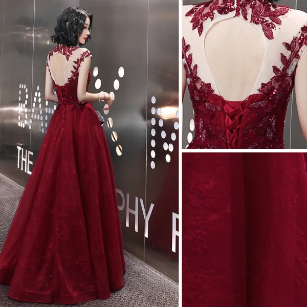 Elegant Burgundy Evening Dresses 2020 A-Line / Princess Beading Rhinestone Sequins Lace Flower High Neck Sleeveless Backless Floor-Length / Long Formal Dresses