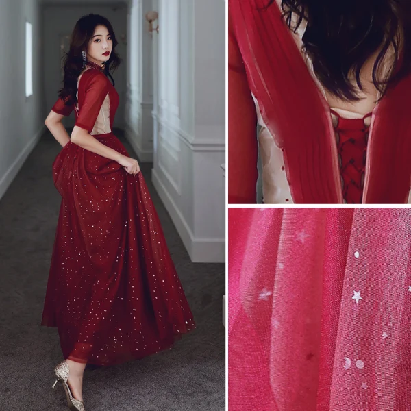 Mode Bordeaux Robe De Soirée 2020 Princesse Col Haut Perlage Étoile Paillettes 1/2 Manches Dos Nu Longue Robe De Ceremonie