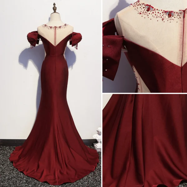 Chic / Belle Bordeaux Robe De Soirée 2020 Trompette / Sirène Encolure Dégagée Perlage Gland Cristal Faux Diamant Manches Courtes Dos Nu Train De Balayage Robe De Ceremonie