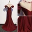 Chic / Belle Bordeaux Robe De Soirée 2020 Trompette / Sirène Encolure Dégagée Perlage Gland Cristal Faux Diamant Manches Courtes Dos Nu Train De Balayage Robe De Ceremonie