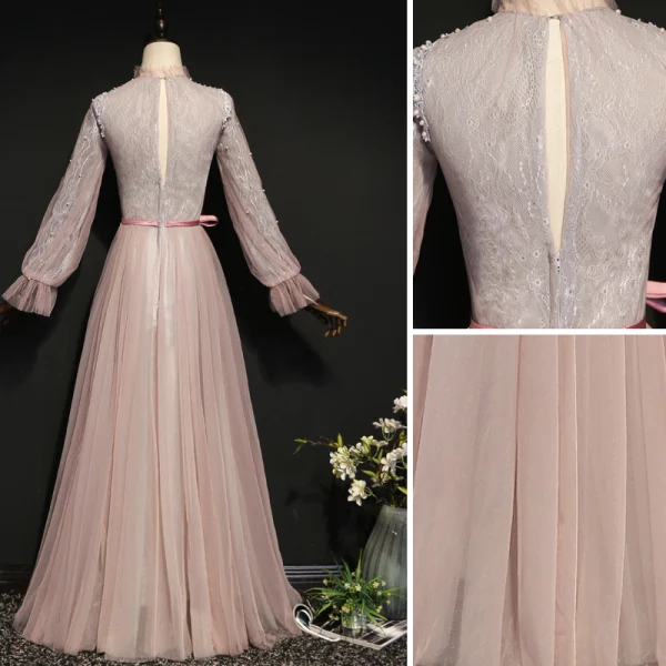Elegant Blushing Pink Evening Dresses  2020 A-Line / Princess Scoop Neck Pearl Lace Flower Long Sleeve Backless Floor-Length / Long Formal Dresses