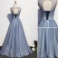 Elegant Sky Blue Evening Dresses  2020 A-Line / Princess Scoop Neck Crystal Sequins Lace Flower Sleeveless Backless Floor-Length / Long Formal Dresses