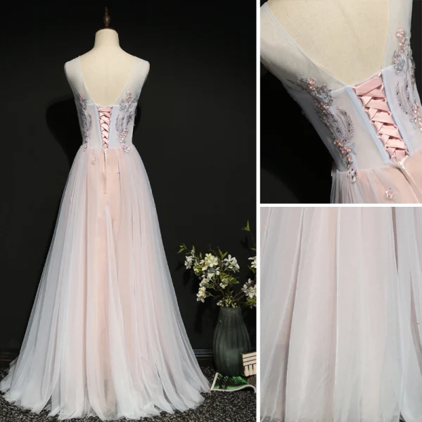 Chic Rougissant Rose Robe De Soirée 2020 Princesse Encolure Dégagée Perle Faux Diamant En Dentelle Fleur Sans Manches Dos Nu Longue Robe De Ceremonie