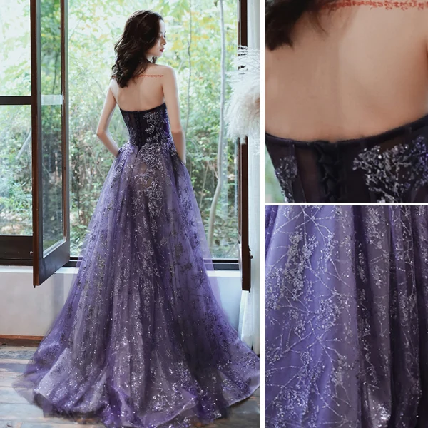 Charming Purple Evening Dresses 2020 A-Line / Princess Strapless Beading Sequins Lace Flower Sleeveless Backless Floor-Length / Long Formal Dresses
