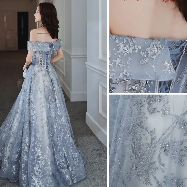Charmant Bleu Ciel Robe De Soirée 2020 Princesse De l'épaule Paillettes Sans Manches Dos Nu Longue Robe De Ceremonie