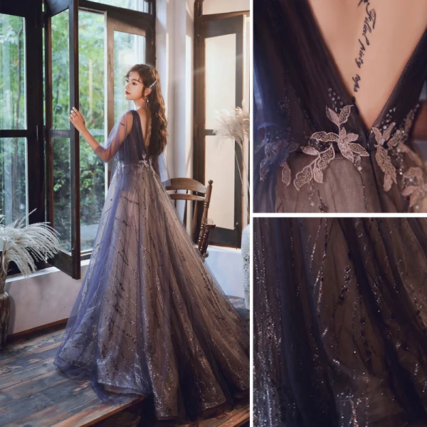 Charming Purple Evening Dresses 2020 A-Line / Princess V-Neck Beading Sequins Lace Flower Appliques Short Sleeve Backless Sweep Train Formal Dresses