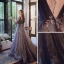 Charming Purple Evening Dresses  2020 A-Line / Princess V-Neck Beading Sequins Lace Flower Appliques Short Sleeve Backless Sweep Train Formal Dresses