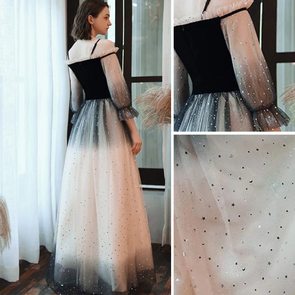 Fashion Black Champagne Gradient-Color Evening Dresses 2020 A-Line / Princess Off-The-Shoulder Star Sequins Long Sleeve Backless Floor-Length / Long Formal Dresses