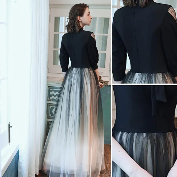 Fashion Black Gradient-Color Evening Dresses  2020 A-Line / Princess V-Neck Bow 1/2 Sleeves Floor-Length / Long Formal Dresses