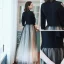 Fashion Black Gradient-Color Evening Dresses  2020 A-Line / Princess V-Neck Bow 1/2 Sleeves Floor-Length / Long Formal Dresses