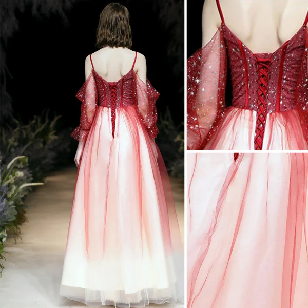 Mode Dégradé De Couleur Rouge Robe De Soirée 2020 Princesse Bretelles Spaghetti Perlage Paillettes 3/4 Manches Dos Nu Longue Robe De Ceremonie