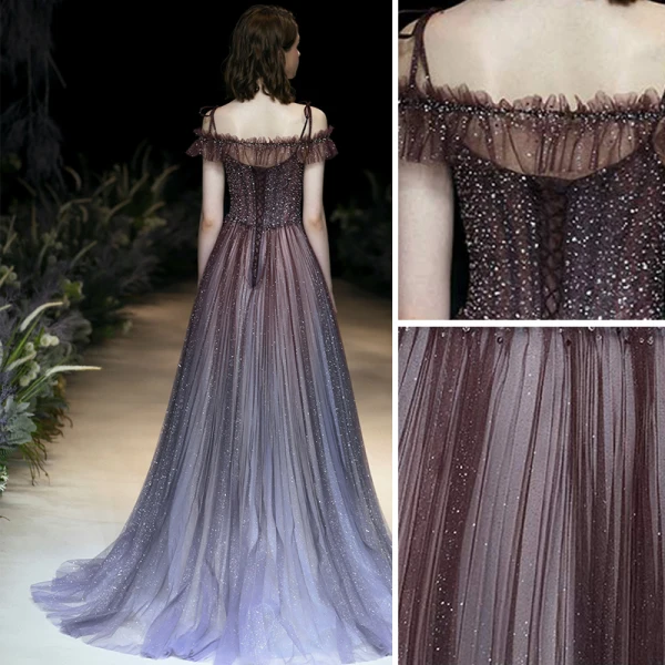 Charmant Glanz Violett Abendkleider 2020 A Linie Spaghettiträger Perlenstickerei Strass Pailletten Ärmellos Rückenfreies Sweep / Pinsel Zug Festliche Kleider