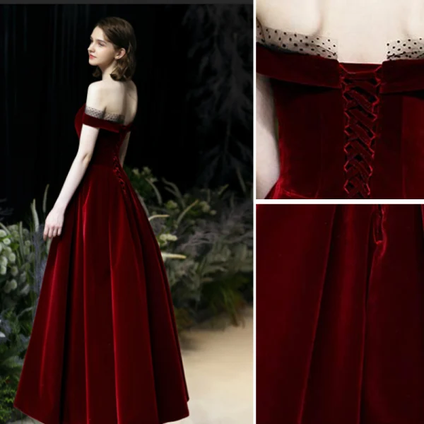 Vintage / Originale Bordeaux Robe De Soirée 2020 Princesse Daim De l'épaule Sans Manches Dos Nu Thé Longueur Robe De Ceremonie