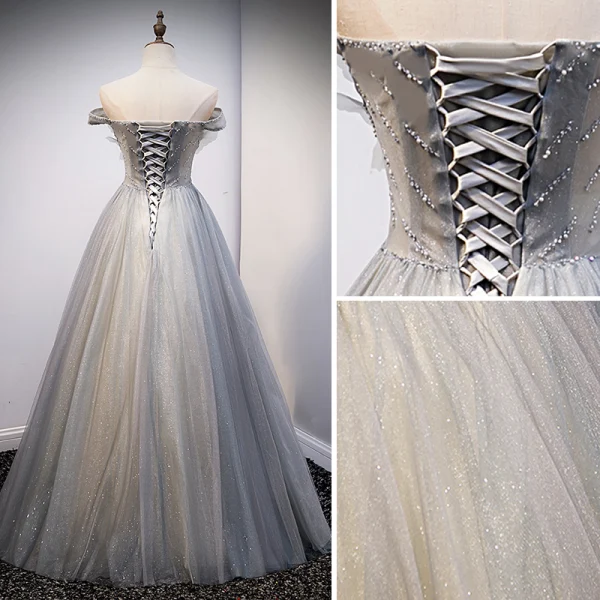 Mode Sølv Glitter Gallakjoler 2021 Prinsesse Off-The-Shoulder Beading Perle Pailletter Ærmeløs Halterneck Lange Galla Kjoler