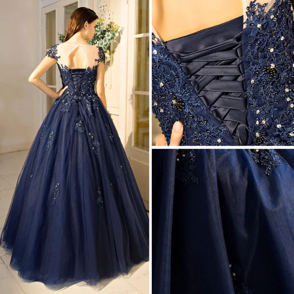 Classic Navy Blue Quinceañera Prom Dresses 2018 Ball Gown Lace Appliques Beading Sequins Scoop Neck Backless Sleeveless Floor-Length / Long Formal Dresses