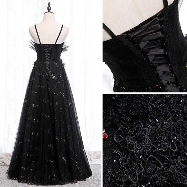 Charmant Noire Robe De Soirée 2020 Princesse Bretelles Spaghetti Paillettes Faux Diamant En Dentelle Fleur Sans Manches Dos Nu Longue Robe De Ceremonie
