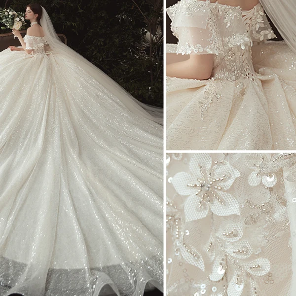 Luxury / Gorgeous Champagne Wedding Dresses 2020 Ball Gown Off-The-Shoulder Appliques Beading Sequins Lace Flower Short Sleeve Backless Royal Train