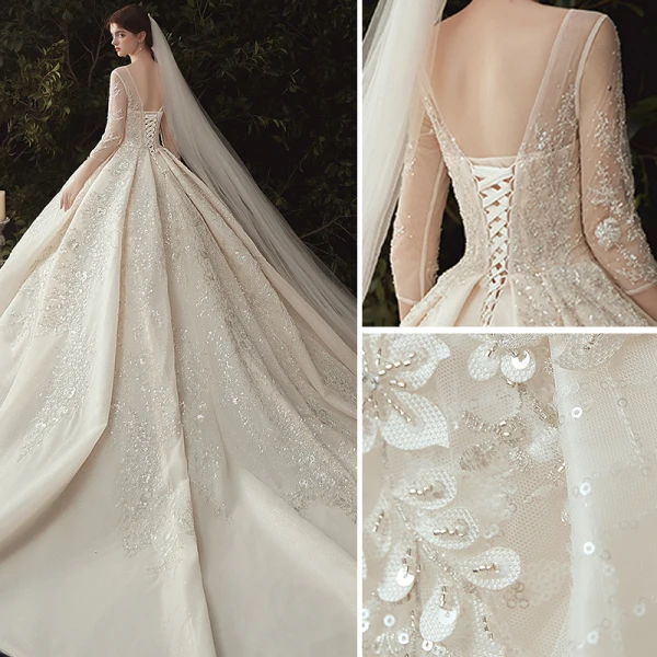 Luxury / Gorgeous Champagne Wedding Dresses 2020 Ball Gown Scoop Neck Beading Sequins Lace Flower Appliques 3/4 Sleeve Backless Royal Train