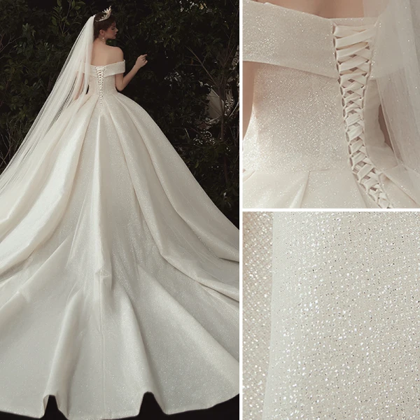 Luxus / Herrlich Champagner Glanz Brautkleider / Hochzeitskleider 2020 A Linie Off Shoulder Perlenstickerei Pailletten Kurze Ärmel Rückenfreies Königliche Schleppe