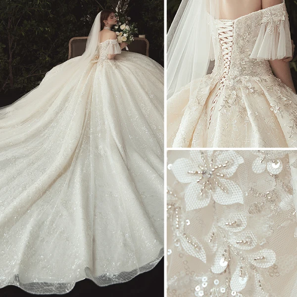 Luxury / Gorgeous Champagne Wedding Dresses 2020 Ball Gown Off-The-Shoulder Beading Sequins Lace Flower Appliques Short Sleeve Backless Royal Train