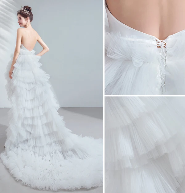 Chic / Beautiful White Wedding Dresses 2020 A-Line / Princess Strapless Sleeveless Backless Cascading Ruffles Court Train