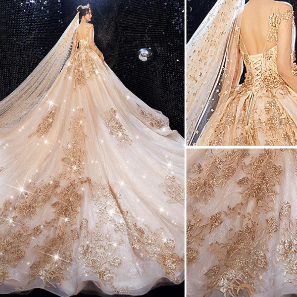 Luxury / Gorgeous Champagne Wedding Dresses 2020 Ball Gown Scoop Neck Beading Crystal Sequins Lace Flower Long Sleeve Backless Royal Train