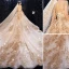 Luxury / Gorgeous Champagne Wedding Dresses 2020 Ball Gown Scoop Neck Beading Crystal Sequins Lace Flower Long Sleeve Backless Royal Train