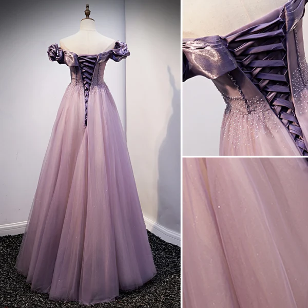 Elegante Violett Ballkleider 2021 A Linie Off Shoulder Perlenstickerei Kurze Ärmel Rückenfreies Lange Ball Festliche Kleider