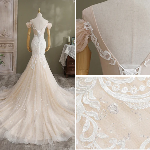 Sexy Champagne Wedding Dresses 2021 Trumpet / Mermaid Scoop Neck Sequins Lace Flower Short Sleeve Backless Cathedral Train Wedding