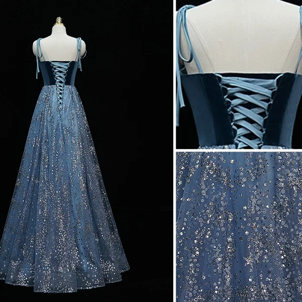 Scintillantes Bleu D'encre Robe De Soirée 2020 Princesse Bretelles Spaghetti Paillettes Sans Manches Dos Nu Longue Robe De Ceremonie