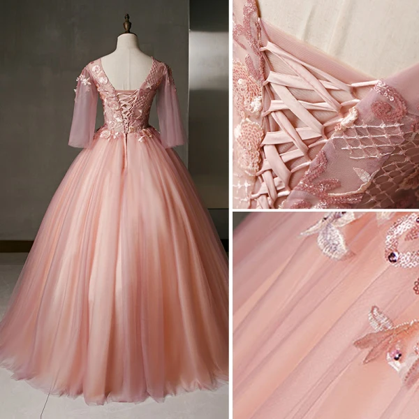 Flower Fairy Pearl Pink Prom Dresses 2020 Ball Gown V-Neck Pearl Sequins Lace Flower Appliques 3/4 Sleeve Backless Floor-Length / Long Formal Dresses