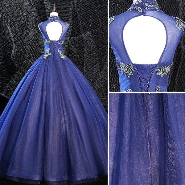 Vintage / Retro Royal Blue Prom Dresses 2020 Ball Gown High Neck Beading Rhinestone Lace Flower Sleeveless Backless Floor-Length / Long Formal Dresses