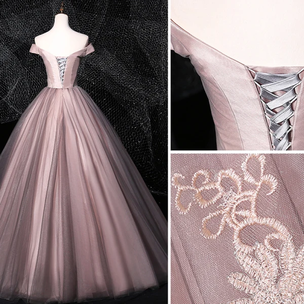 Flower Fairy Blushing Pink Grey Prom Dresses 2020 Ball Gown Off-The-Shoulder Beading Appliques Lace Flower Sleeveless Backless Floor-Length / Long Formal Dresses