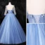 Elegant Sky Blue Prom Dresses 2020 Ball Gown Scoop Neck Bow Pearl Appliques 3/4 Sleeve Backless Floor-Length / Long Formal Dresses