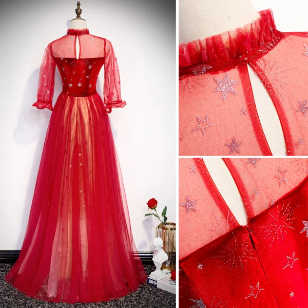 Elegante Rot Abendkleider 2020 A Linie Stehkragen Star Pailletten Schleife 3/4 Ärmel Rückenfreies Lange Festliche Kleider