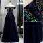 Schöne Marineblau Abendkleider 2020 A Linie Off Shoulder Multifarben Pailletten Lange Kurze Ärmel Rückenfreies Festliche Kleider