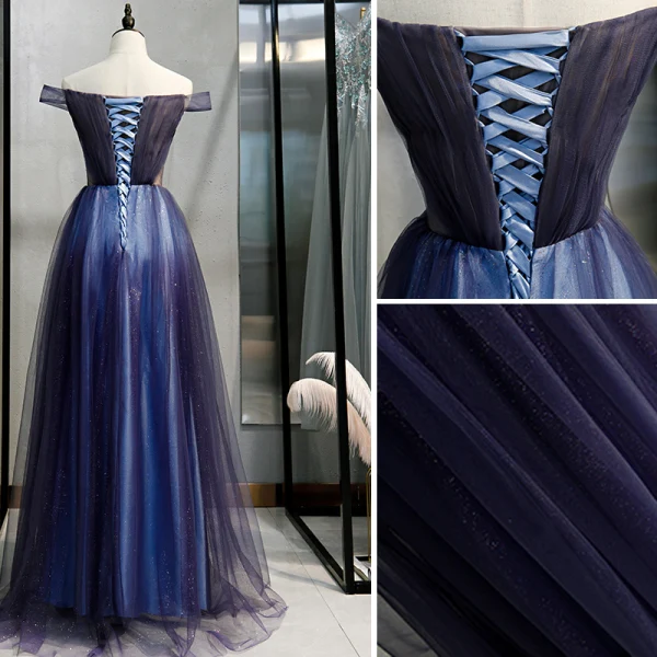 Chic / Belle Bleu Marine Dégradé De Couleur Robe De Soirée 2020 Princesse De l'épaule Manches Courtes Dos Nu Longue Robe De Ceremonie