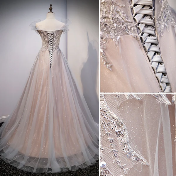 Chic / Beautiful Grey Evening Dresses Prom Dresses 2021 A-Line / Princess Off-The-Shoulder Beading Sequins Lace Flower Sleeveless Backless Sweep Train Evening Party Prom Formal Dresses