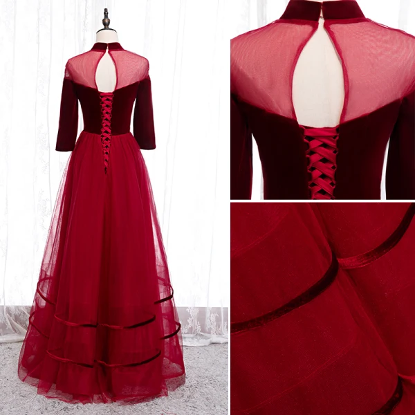 Elegant Red Evening Dresses  2020 A-Line / Princess High Neck Suede 3/4 Sleeve Backless Floor-Length / Long Formal Dresses