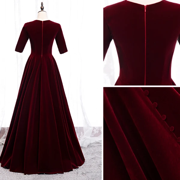 Modest / Simple Burgundy Evening Dresses  2020 A-Line / Princess V-Neck Suede 1/2 Sleeves Floor-Length / Long Formal Dresses